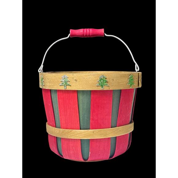 Festive Red & Green Slatted Christmas Bucket with Glitter Tree Accents 6.5" Tall - Picture 3 of 7